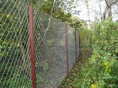 Zinc coated chain link fence with powder coated rectangular posts for flowers and trees protection.