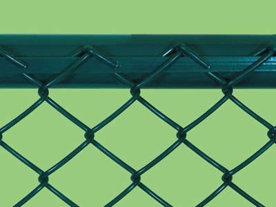 A piece of green PVC coated chain link fence is installed on the fence post.