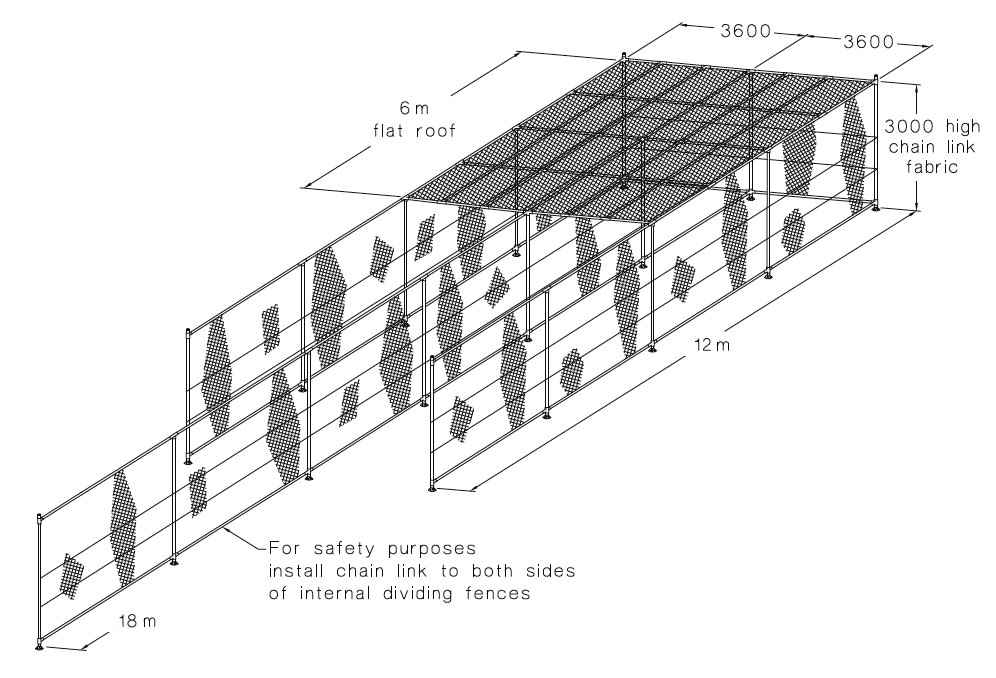This is a drawing of flat pitch enclosure with two combined, the internal dividing fences are lengthened into a 18 m face.