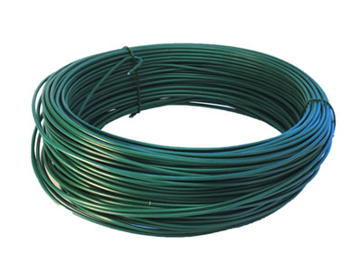 A coil of dark green polymer coating tension wire with 9 gage core diameter.