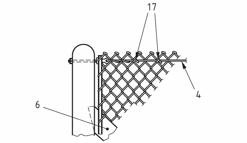 Chain link mesh attached to straining post with knuckled edge.