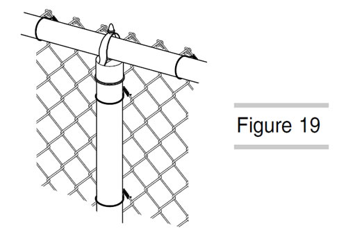 Several tie wires are fastening chain link fabric onto line post and top rail.