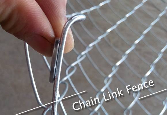 A hand is holding a coin and comparing its thickness with chain link fence wire diameter.
