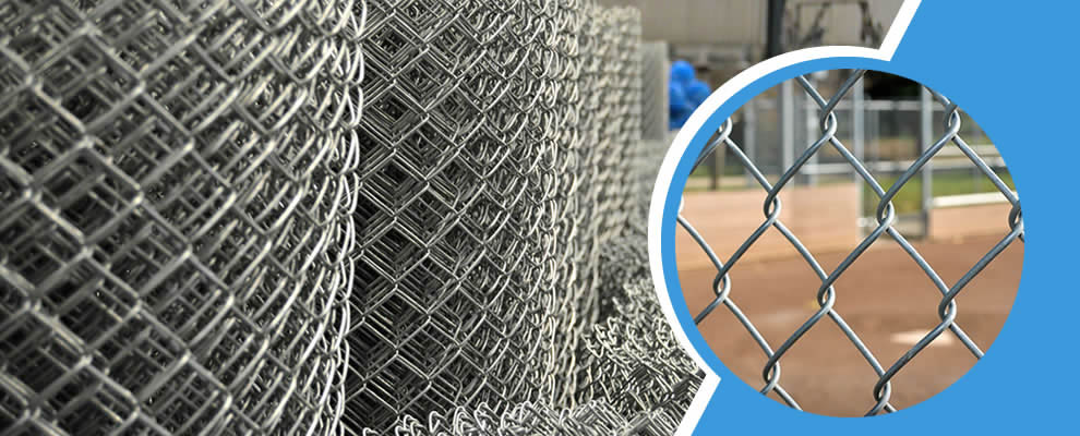 Several rolls chain link fencing in the workshop and a detail of chain link mesh installed in the basketball court.